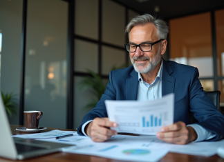 Homme d'affaires en costume bleu analysant des rapports financiers