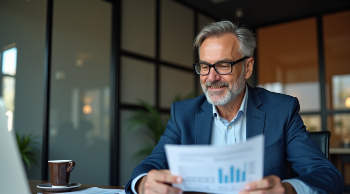Homme d'affaires en costume bleu analysant des rapports financiers