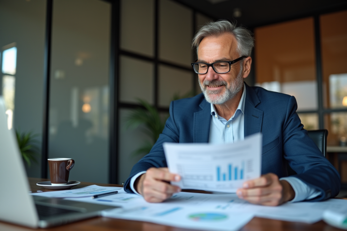Homme d'affaires en costume bleu analysant des rapports financiers