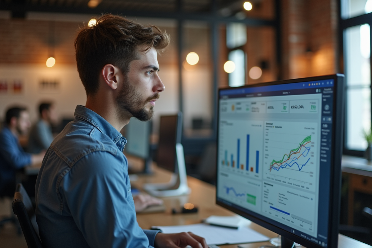 Jeune homme analysant des données Facebook en coworking