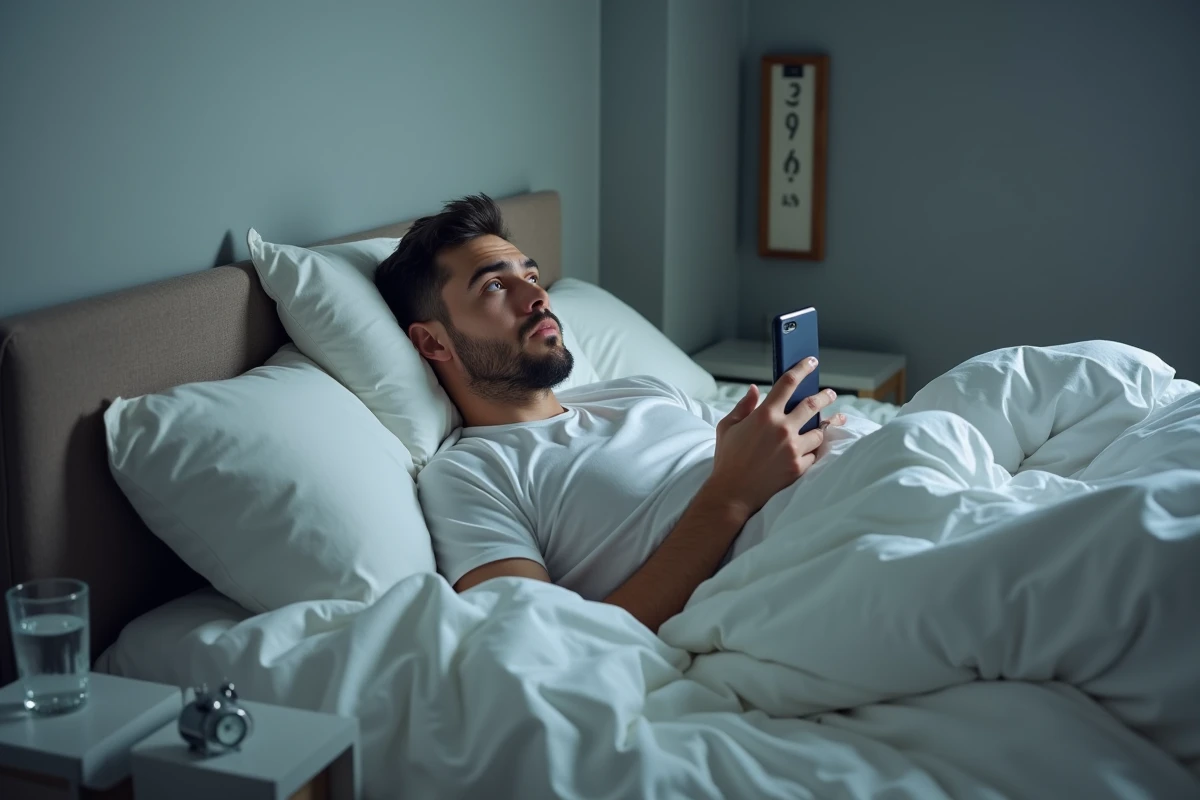 Homme allongé dans son lit le matin regardant le plafond avec son téléphone sur la poitrine, hésitant à aller travailler