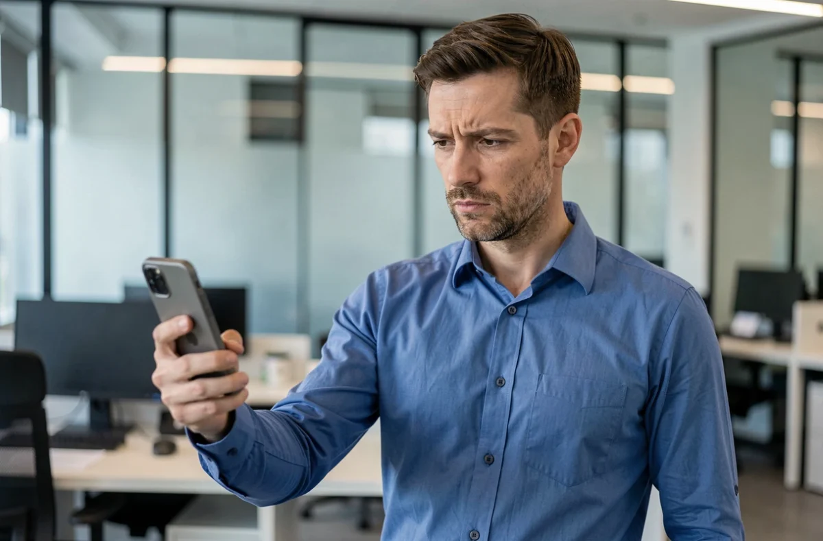 Homme en bureau recevant un appel qui raccroche immédiatement d'un numéro suspect sur son téléphone portable