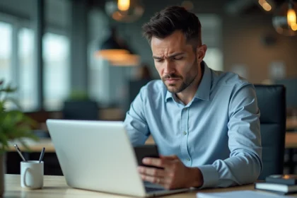 Homme d'âge moyen concentré devant son ordinateur au bureau