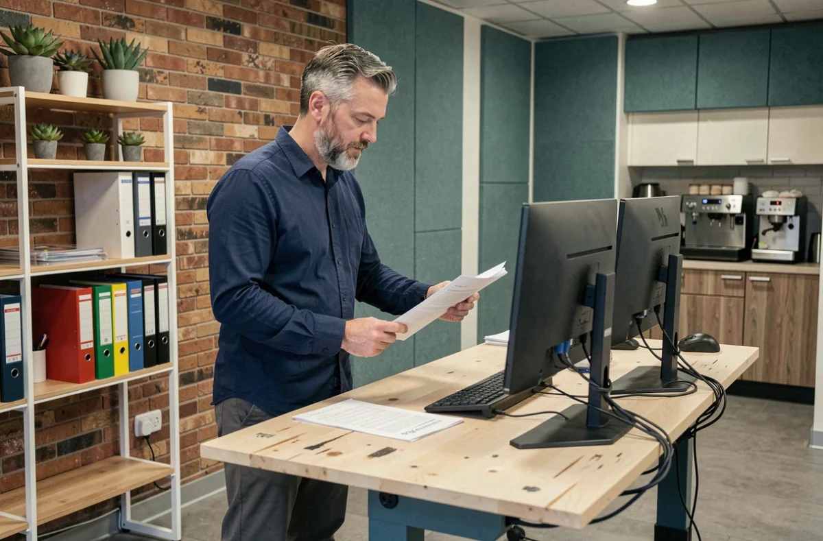 Homme debout à un bureau réglable dans un espace de coworking moderne à Brest