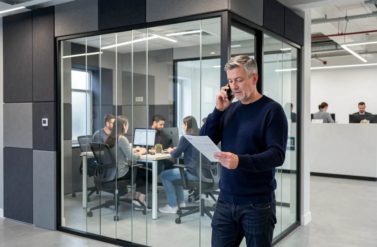 Homme d'affaires utilisant un espace bureau privatif en verre dans un espace de coworking