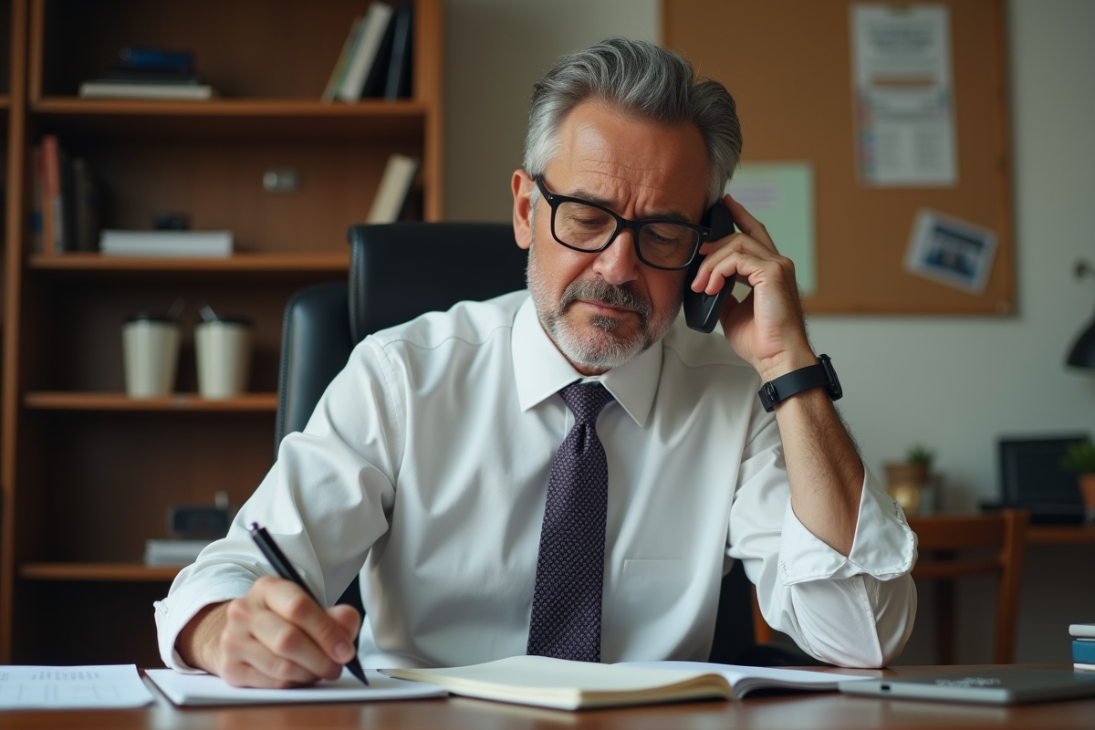Homme en télétravail prenant des notes dans son bureau