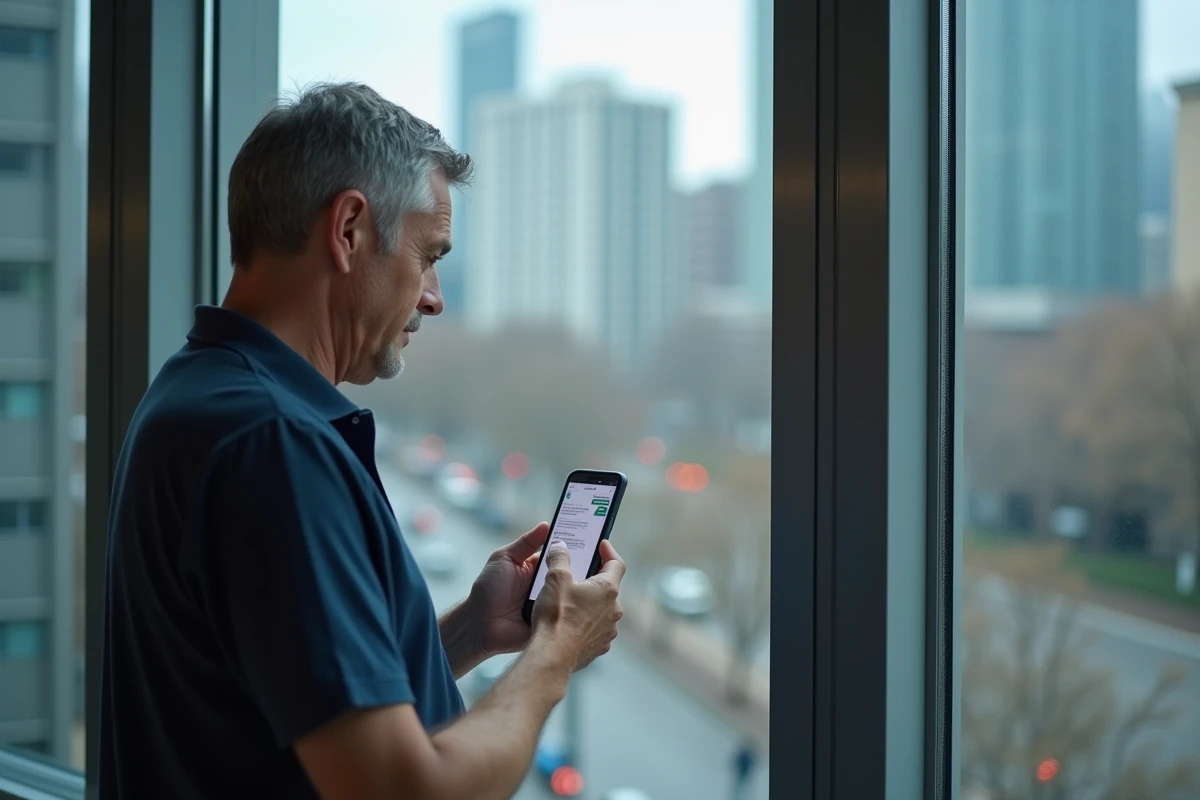 Homme d'affaires consultant un widget de chat en direct sur son smartphone en ville
