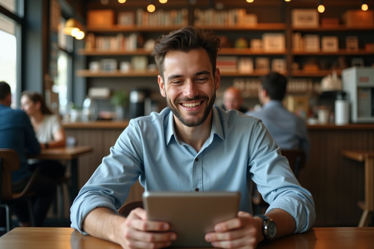 Homme souriant vérifiant un tableau digital dans un café