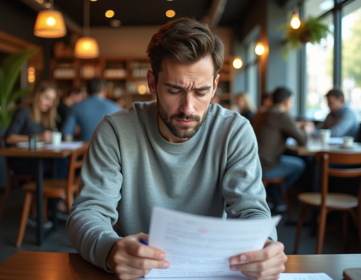 Homme relisant une lettre de motivation manuscrite avec des ratures et corrections au stylo rouge dans un café