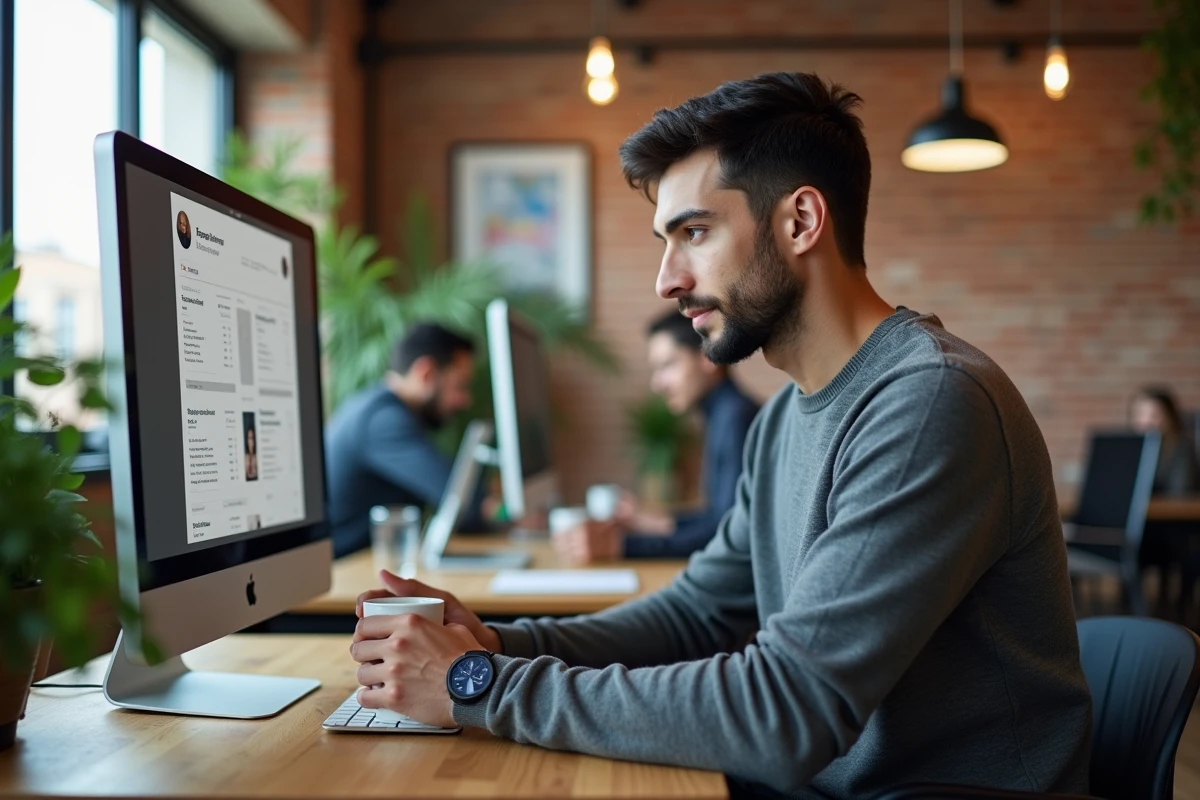 Jeune homme consultant son CV sur un écran dans un espace de coworking pour décrocher un emploi bien payé en ligne