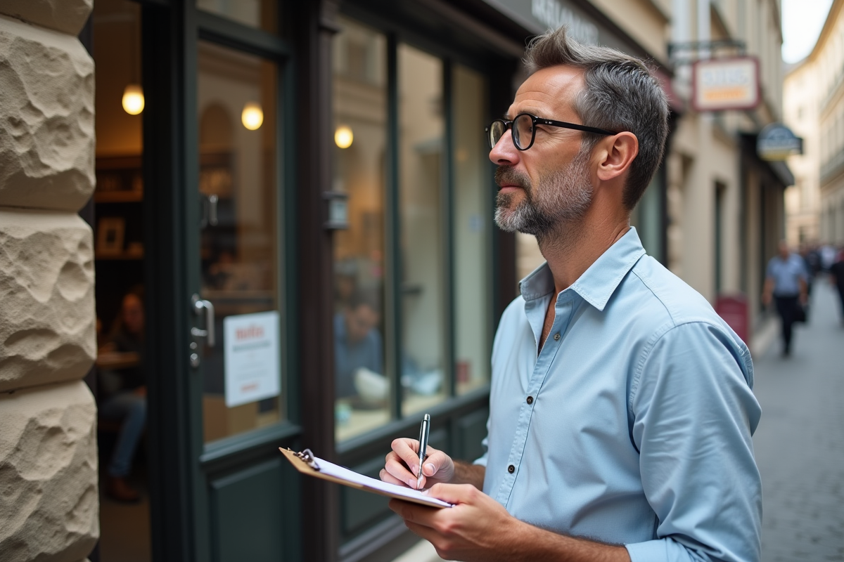 Homme d affaires devant sa boutique en plein air