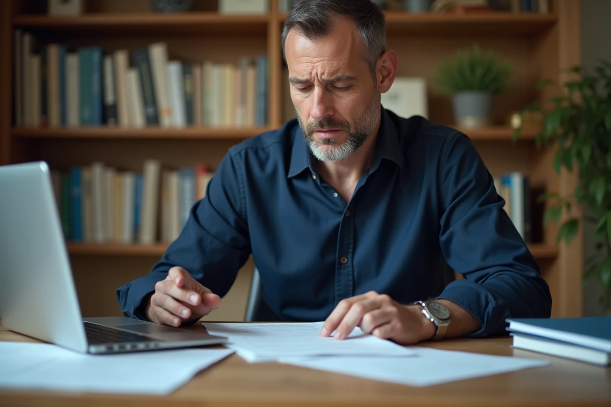 Homme consultant des documents administratifs sur le chômage et l'aide Def Acre à son bureau à domicile