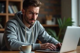 Homme frustré devant une erreur de site web sur son ordinateur portable à son bureau à domicile