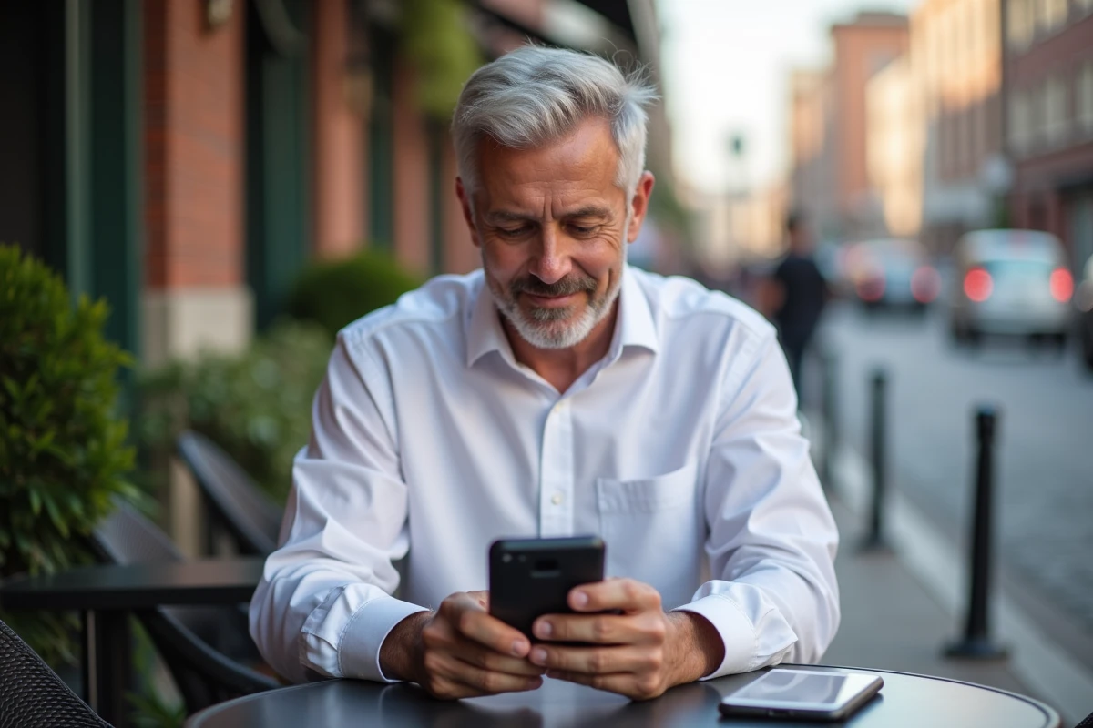 Homme freelance souriant utilisant WhatsApp Business dans un café en ville