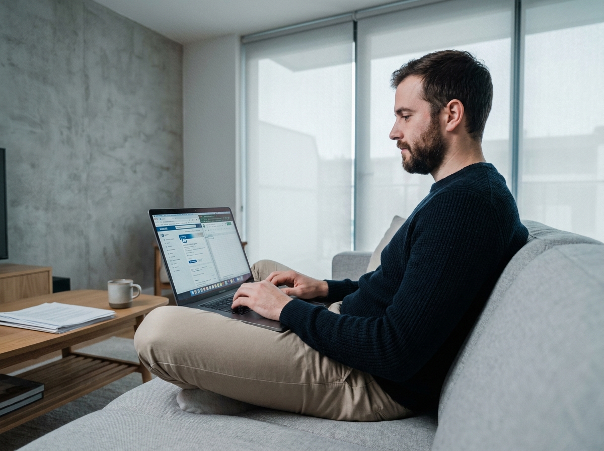 Jeune homme gérant plusieurs candidatures sur un ordinateur portable depuis son salon moderne, avec des onglets de recherche d'emploi ouverts