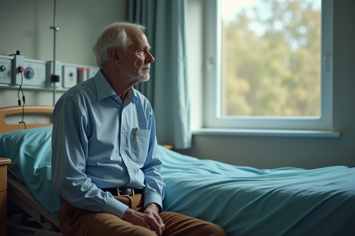 Homme âgé regardant par la fenêtre d