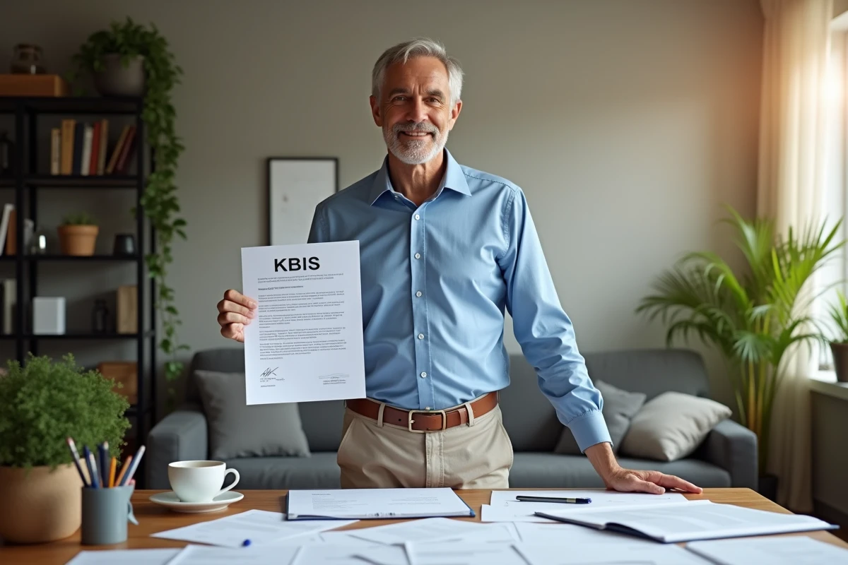 Homme fiere tenant un document kbis dans un bureau &agrave; domicile