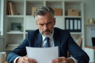 Homme d'affaires inquiet lisant une lettre dans son bureau