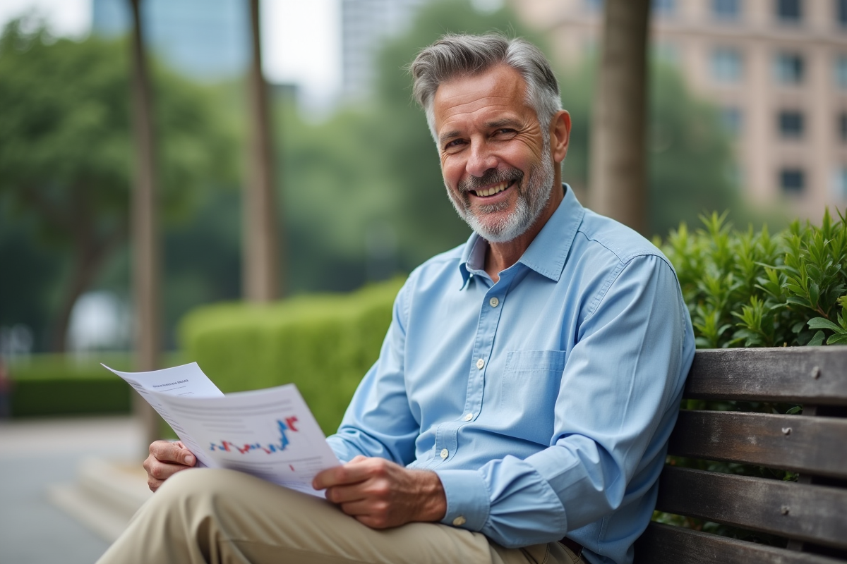 Homme détendu dans un parc avec rapport boursier