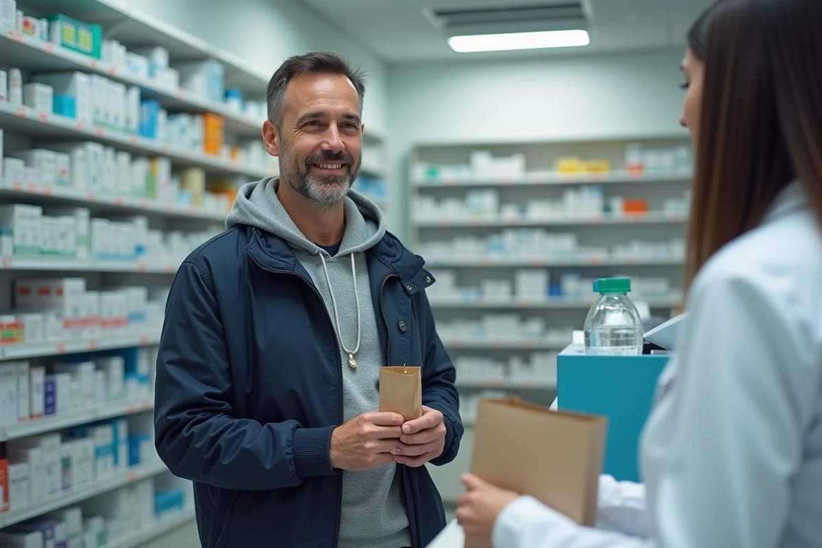 Homme en pharmacie récupérant un produit pour justifier une absence au travail, expression soulagée au comptoir