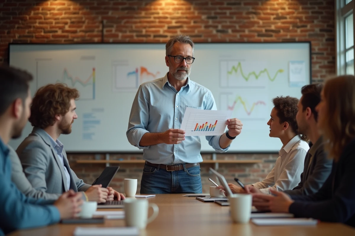 Homme présentant des graphiques de performance à une réunion