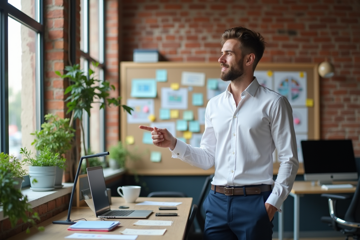 Homme pointant des idées sur un tableau créatif à Bordeaux