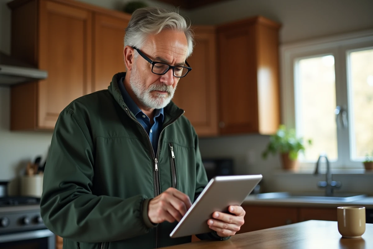 Homme d'âge mûr consultant une plateforme administrative sur tablette pour gérer son dossier Def Acre et chômage