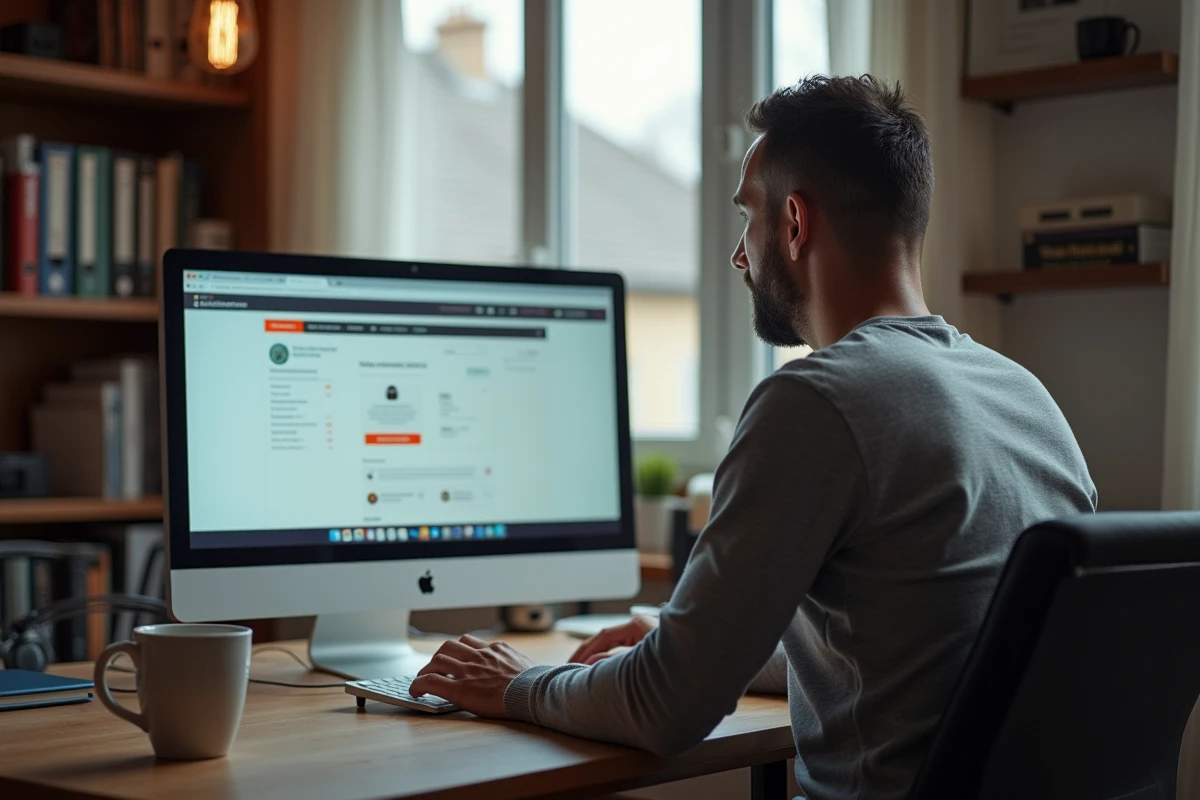 Homme en télétravail confronté à une erreur de connexion récurrente sur un portail sécurisé depuis son domicile