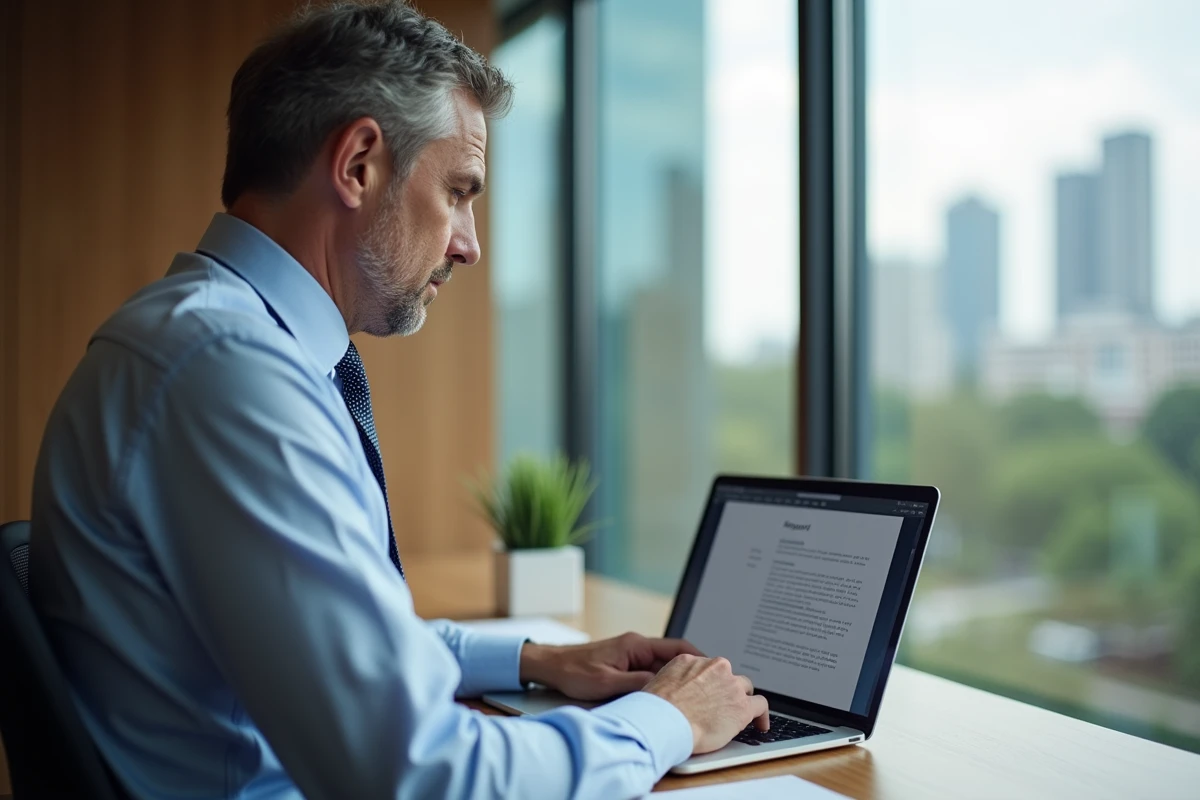 Homme en chemise et cravate tapant sur un ordinateur au bureau