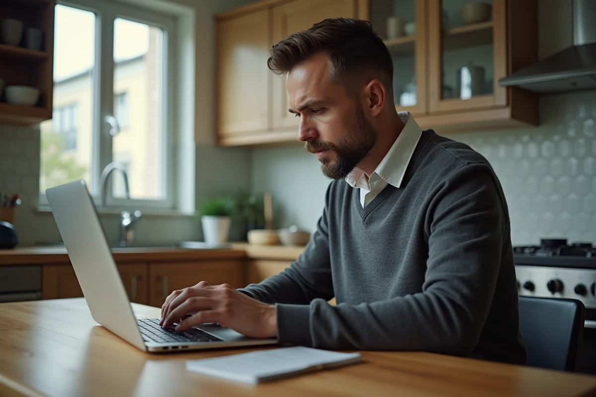 Homme au domicile tapant une lettre de d&eacute;mission