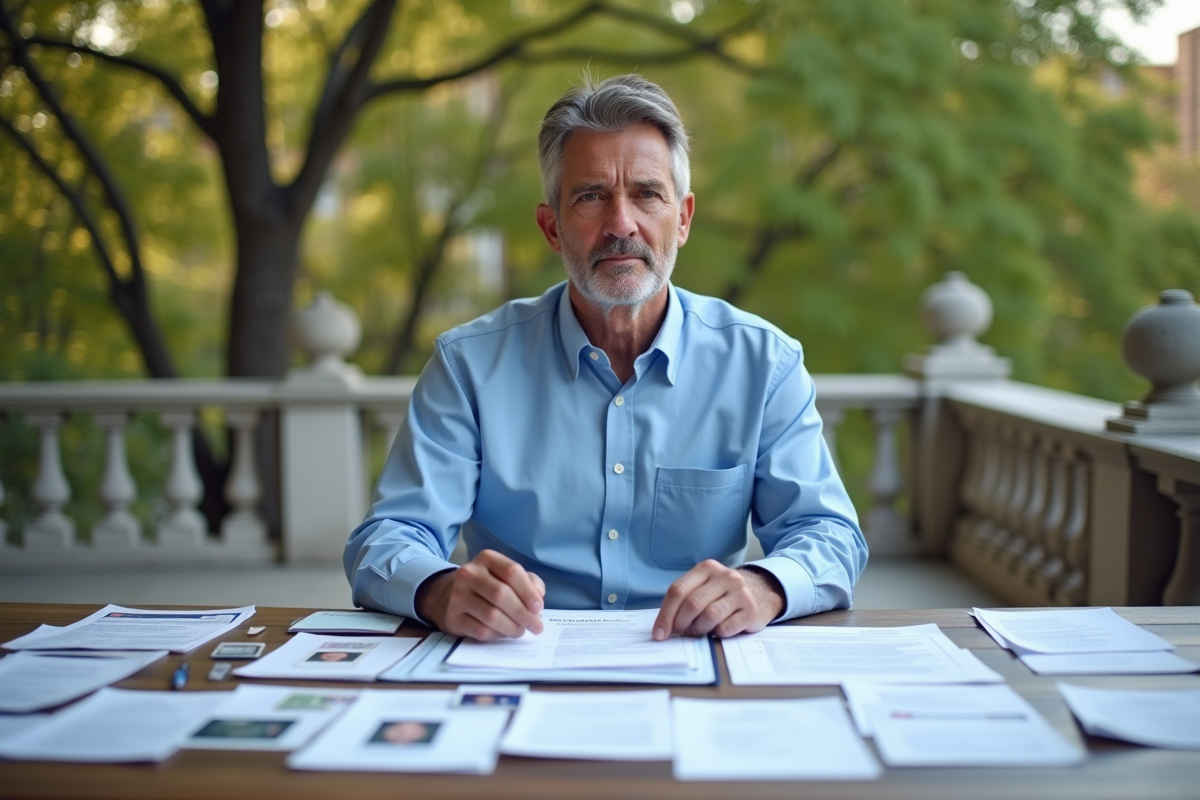 Homme triant des papiers en plein air à la mairie