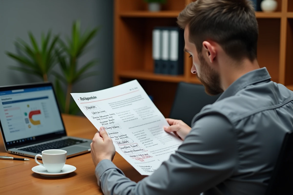 Manager concentré sur un document d'identification des risques avec annotations manuscrites dans un bureau