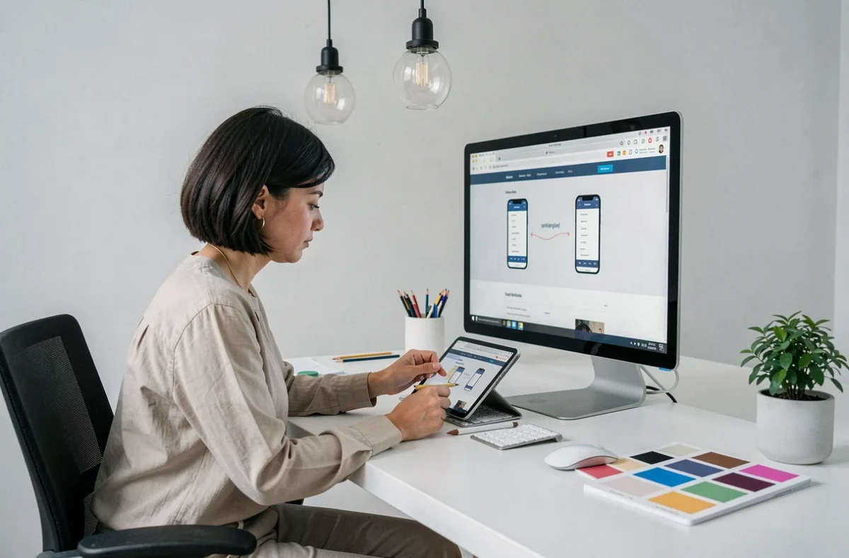 Designer web d'iMDEO affinant un prototype mobile sur tablette et écran dans un studio épuré