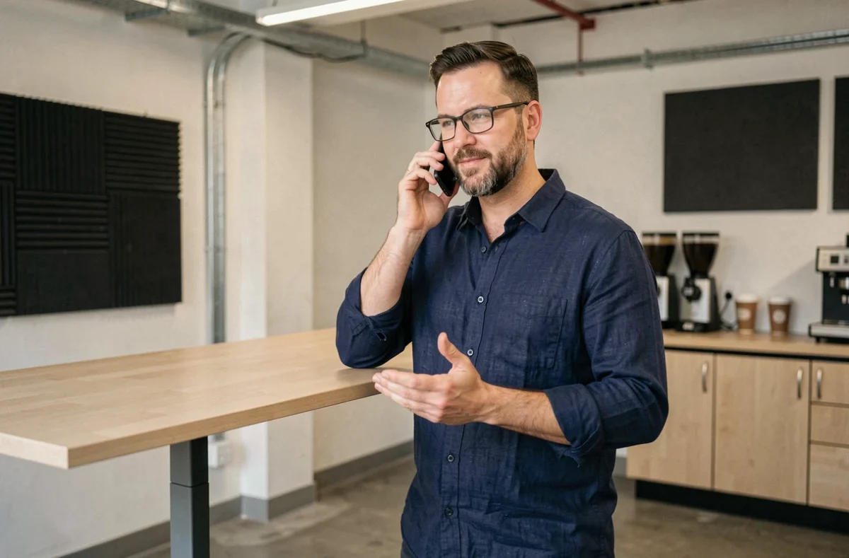 Travailleur indépendant en conversation téléphonique debout à son bureau dans un espace de coworking en open space