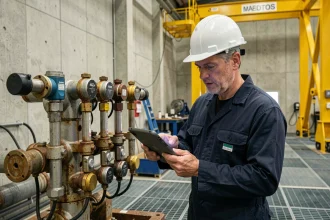 Ingénieur offshore inspectant des capteurs de pression sous-marins dans un atelier industriel de technologie deepwater