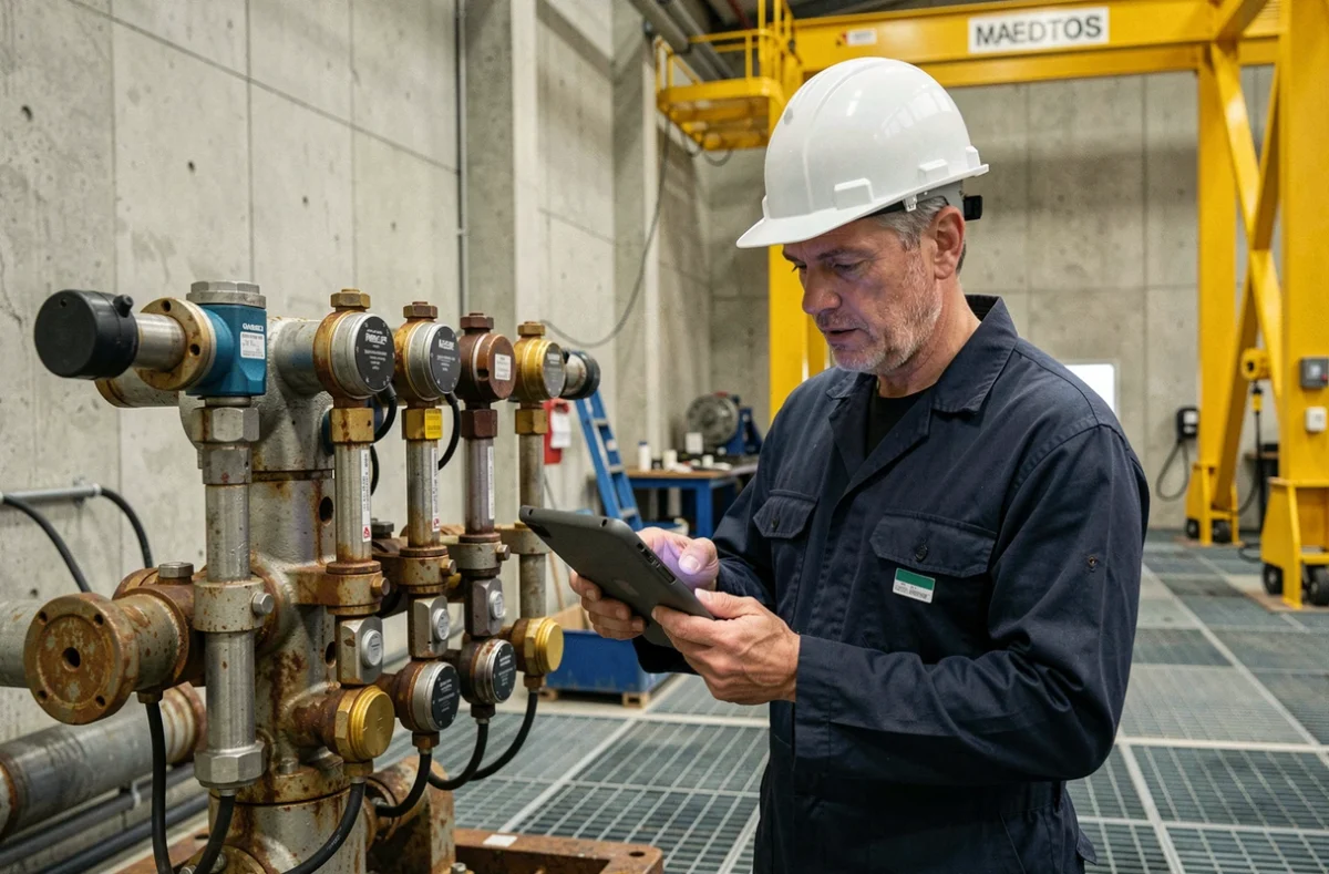 Ingénieur offshore inspectant des capteurs de pression sous-marins dans un atelier industriel de technologie deepwater