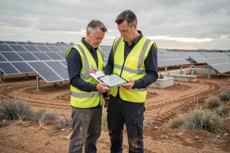 Ingénieur sur un site industriel reconverti en centrale solaire, illustrant la transition énergétique et la réhabilitation de friches industrielles