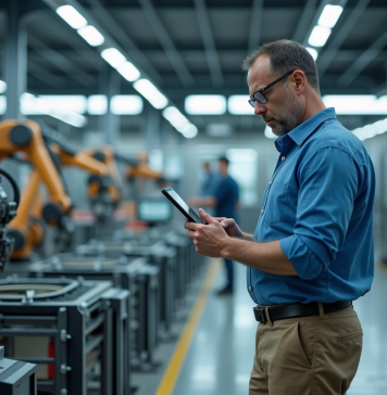 Ingénieur industriel examinant une tablette numérique dans une usine