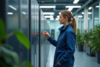 Jeune femme ingénieure examine modules de batteries lithium dans un laboratoire moderne