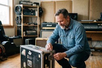 Homme inspectant un flight case en studio de musique