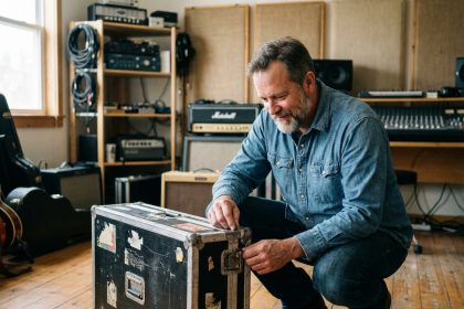 Homme inspectant un flight case en studio de musique