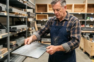 Vendeur en quincaillerie inspectant la qualité d'une barre de fer plate avant la vente au détail