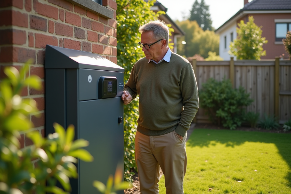 Homme installant une unité de stockage solaire dans son jardin écologique