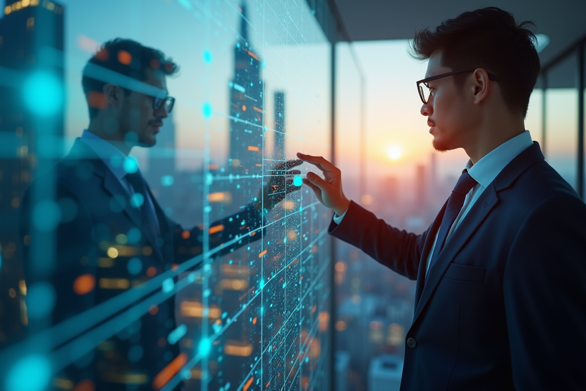 Professionnel utilisant une interface tactile futuriste