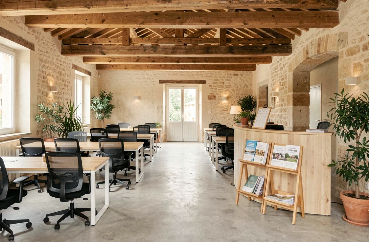 Intérieur d'un espace de coworking vide à Draguignan avec tarifs affichés et décoration provençale
