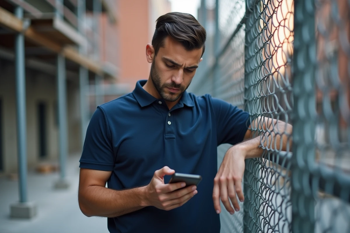 Travailleur intérimaire consultant ses missions via PIXID mon compte sur smartphone près d'un chantier urbain