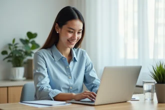 Intérimaire femme connectée à son espace personnel PIXID mon compte sur un ordinateur portable dans un bureau à domicile