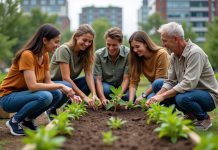 7 principes du développement durable : pour une planète plus verte Groupe divers d'adultes et seniors plantant des arbres dans un jardin urbain