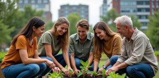 7 principes du développement durable : pour une planète plus verte Groupe divers d'adultes et seniors plantant des arbres dans un jardin urbain