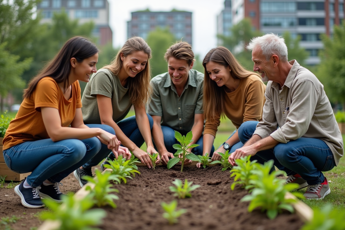 Groupe divers d'adultes et seniors plantant des arbres dans un jardin urbain